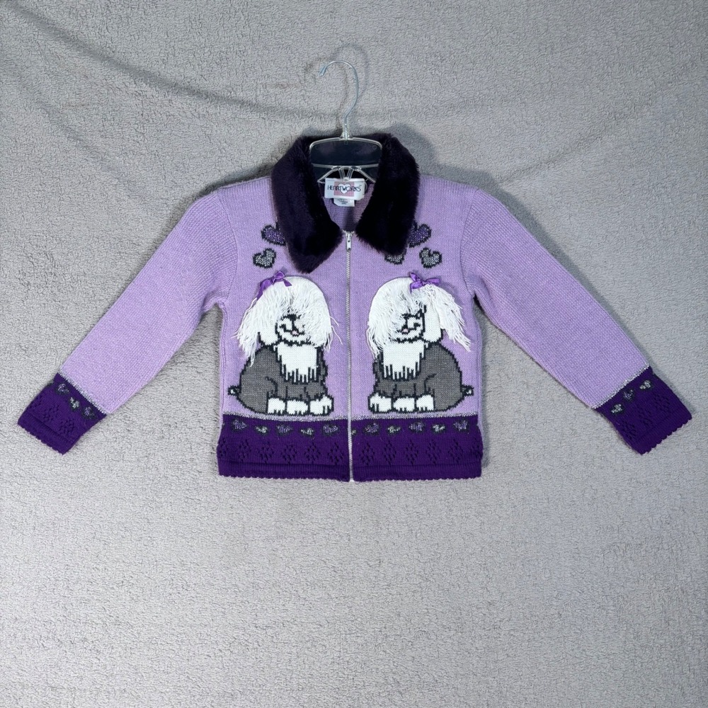 Vintage Heartworks Zip Up Cardigan Kids Girls‎ 6X Purple Sweater Dog Fur Collar